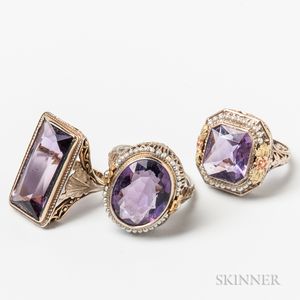 Three 14kt Gold and Amethyst Cocktail Rings