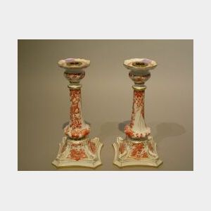 Pair of Crown Derby Porcelain Red Aves Candlesticks.