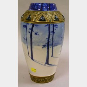 Ernst Wahliss Gilt and Hand-painted Blue and White Landscape Decorated Porcelain Vase.