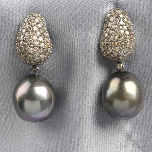 18kt White Gold, Tahitian Pearl, and Colored Diamond Earpendants