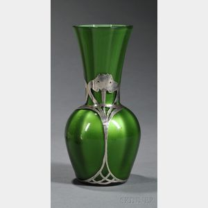 Loetz Grun Metallin Vase with Art Nouveau Silver Overlay