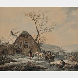 Attributed to Andries Vermeulen (Dutch, 1763-1814) Winter Landscape with Figures and Horse-drawn Sledge Before a Thatched Cottage