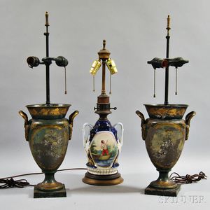 Pair of Tole Urns and a Hand-painted Porcelain Double-handled Urn