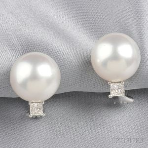 18kt White Gold, South Sea Pearl, and Diamond Earclips