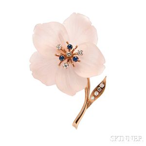 14kt Gold and Rose Quartz Flower Brooch