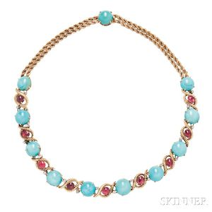 Gold, Turquoise, and Spinel Necklace