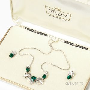 Van Dell Sterling Silver and Faux Emerald Necklace and Earstuds