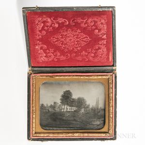 Quarter-plate Ambrotype of a Folk Painting of a House in a Wooded Landscape