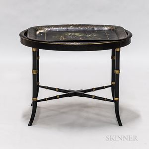 Ebonized Faux-bamboo Tray Stand with Two Towle Trays