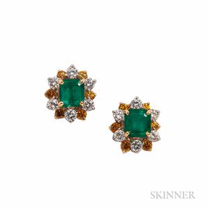 Emerald, Colored Diamond, and Diamond Earclips, Oscar Heyman