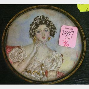Framed Miniature Painted and Embroidered Portrait of a Lady.