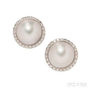 Platinum, Mabe Pearl, and Diamond Earclips