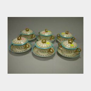 Set of Six Royal Worcester Gilt Porcelain Covered Soups and Saucers.