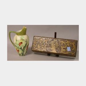 Iris Handpainted Porcelain Ewer and an Art Nouveau Pyrography Decorated Wooden Glove Box.
