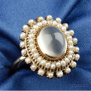 Antique 14kt Gold, Moonstone and Seed Pearl Ring