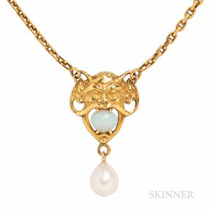 18kt Gold, Opal, and Cultured Pearl Pendant