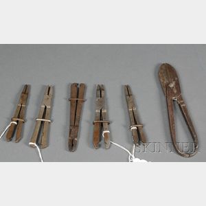 Five Pairs of Steel Sliding Pin Tongs and an Iron Shear