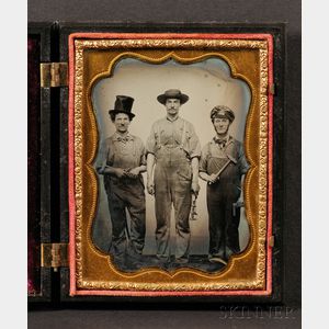 Quarter Plate Vocational Ambrotype of Three Men Holding Tools