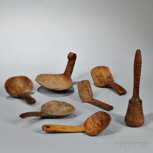 Six Carved Maple Scoops and a Carved Maple Pestle