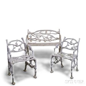 White-painted Cast Iron Twig Garden Bench and Pair of Chairs
