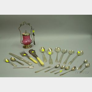 Victorian Silver Plated and Cranberry Glass Pickle Caster and Nineteen Pieces of Silver Flatware