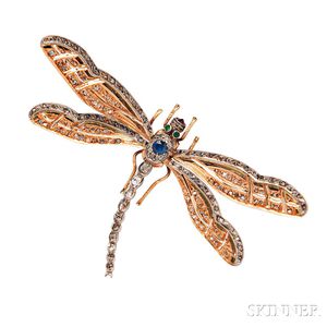 Antique Gold, Diamond, and Gemstone Dragonfly Brooch