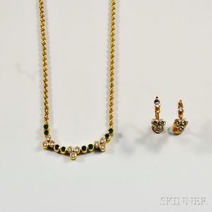 18kt Gold, Diamond, and Emerald Necklace and a Pair of 18kt Gold and Diamond Earpendants