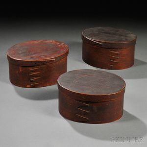 Three Brown-painted Lapped-seam Oval Covered Pantry Storage Boxes