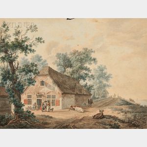 Dutch School, 18th Century Two Landscapes: Outside a Tavern