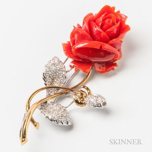 14kt Gold, Carved Coral, and Diamond Rose Brooch