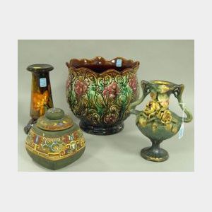 Amphora Pottery Vase, Nippon Porcelain Covered Jar, a Majolica Jardiniere and a Small Standard Glaze Pedestal.