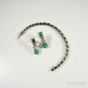 Diamond and Emerald Bracelet and Earpendants