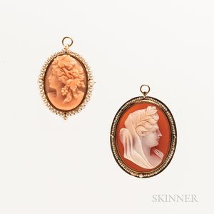 Two 14kt Gold and Cameo Pendant Brooches