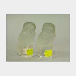 Pair of Lalique Frosted Colorless Glass Owls.