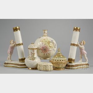 Six Royal Worcester Gilt and Hand-painted Porcelain Table Items
