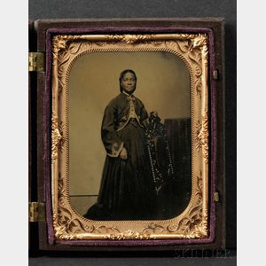 Quarter Plate Tintype of an Elegantly Dressed Standing Black Woman
