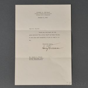 Truman, Harry S. (1884-1972) Typed Letter Signed, 7 January 1955.
