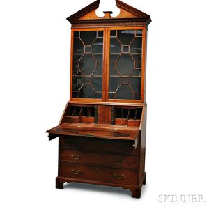 George III-style Carved Mahogany and Mahogany Veneer Desk/Bookcase