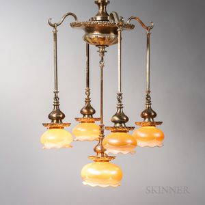 Art Nouveau Silvered Chandelier with Quezal Shades