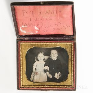 Sixth-plate Tinted Daguerreotype of a Seated Brother and Sister