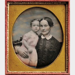 American School, 19th Century Hand-tinted Sixth-plate Daguerreotype of a Mother and Child