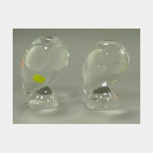 Pair of Steuben Colorless Glass Owls.