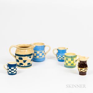 Six Pieces of Small Carved and Slip-decorated Checkered Mochaware