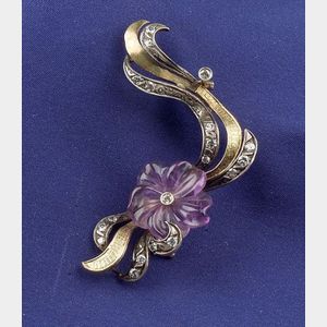 Carved Amethyst and Diamond Flower Brooch