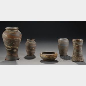 Four Niloak Pottery Vases and a Bowl