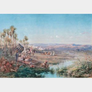 Paul B. Pascal (French, 1832-1903) Orientalist Landscape with Figures near an Oasis