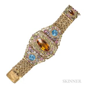 Vintage Gold-plated Filigree and Colored Glass Bracelet, Attributed to Hobe