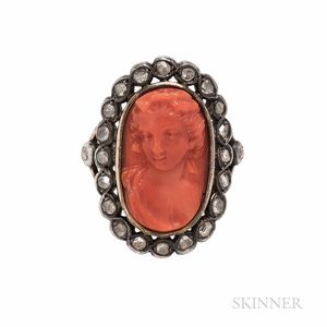 Coral Cameo and Diamond Ring