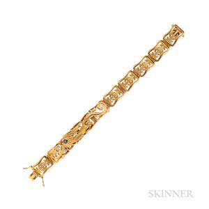 Attributed to Riker Bros., Art Nouveau 14kt Gold, Sapphire, and Diamond Dragon Bracelet