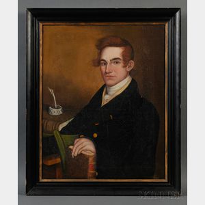 American School, 19th Century Portrait of a Red-haired Gentleman Seated with Books, Pen, and Inkwell.